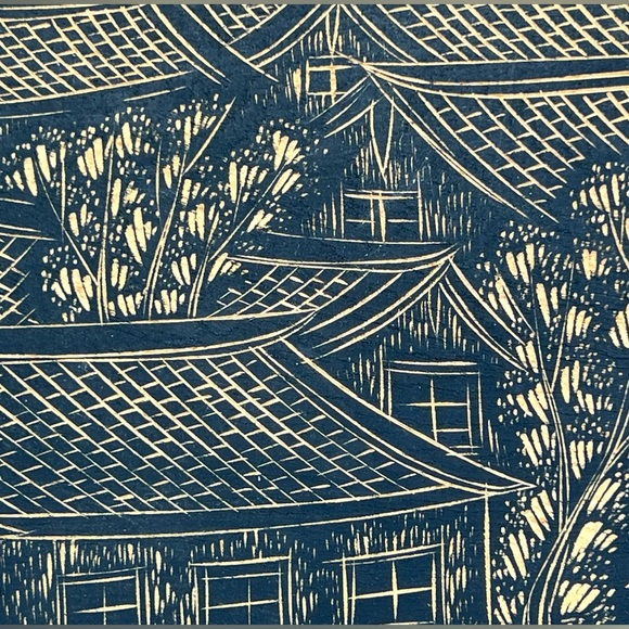 Engraved Wood Wall Art Japanese Village Painted Black 11-3/4”W x 7-1/4”H EUC - Picture 3 of 5